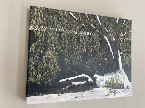 A painting of a snow covered tree at the edge of water