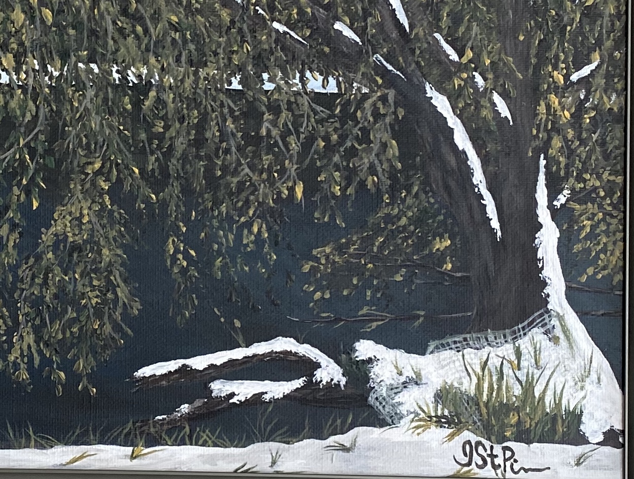 A painting of a snow covered tree at the edge of water