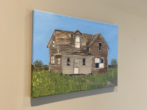 A painting of an old deserted farmhouse