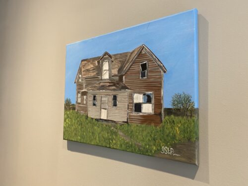 A painting of an old deserted farmhouse