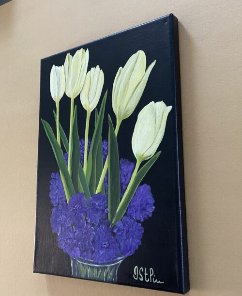 A painting of white tulips set into a glass vase of purple blooms