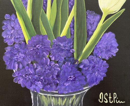 A painting of white tulips set into a glass vase of purple blooms