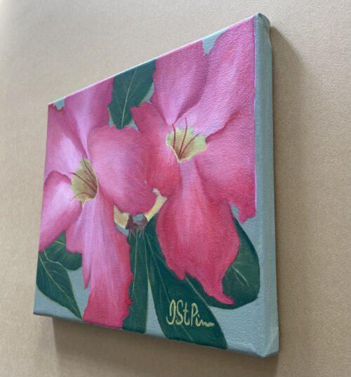 A painting of a tropical pink Mandevilla blooms on a pale green background