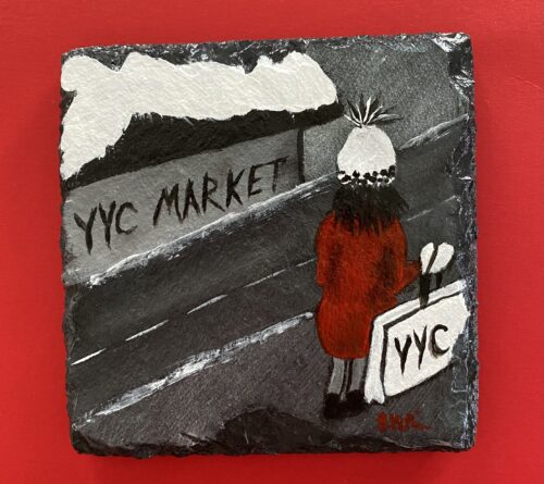 A photo of 4 slate coasters painted with a girl shopping at Calgary markets