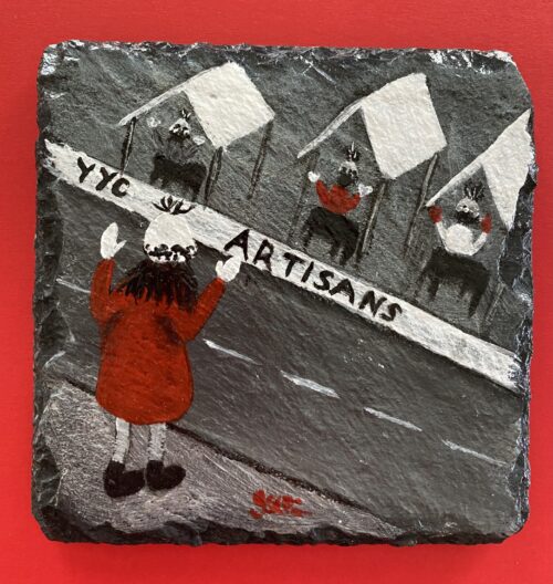 A photo of 4 slate coasters painted with a girl shopping at Calgary markets