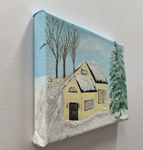 Small painting of a yellow house with trees in winter