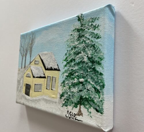 Small painting of a yellow house with trees in winter