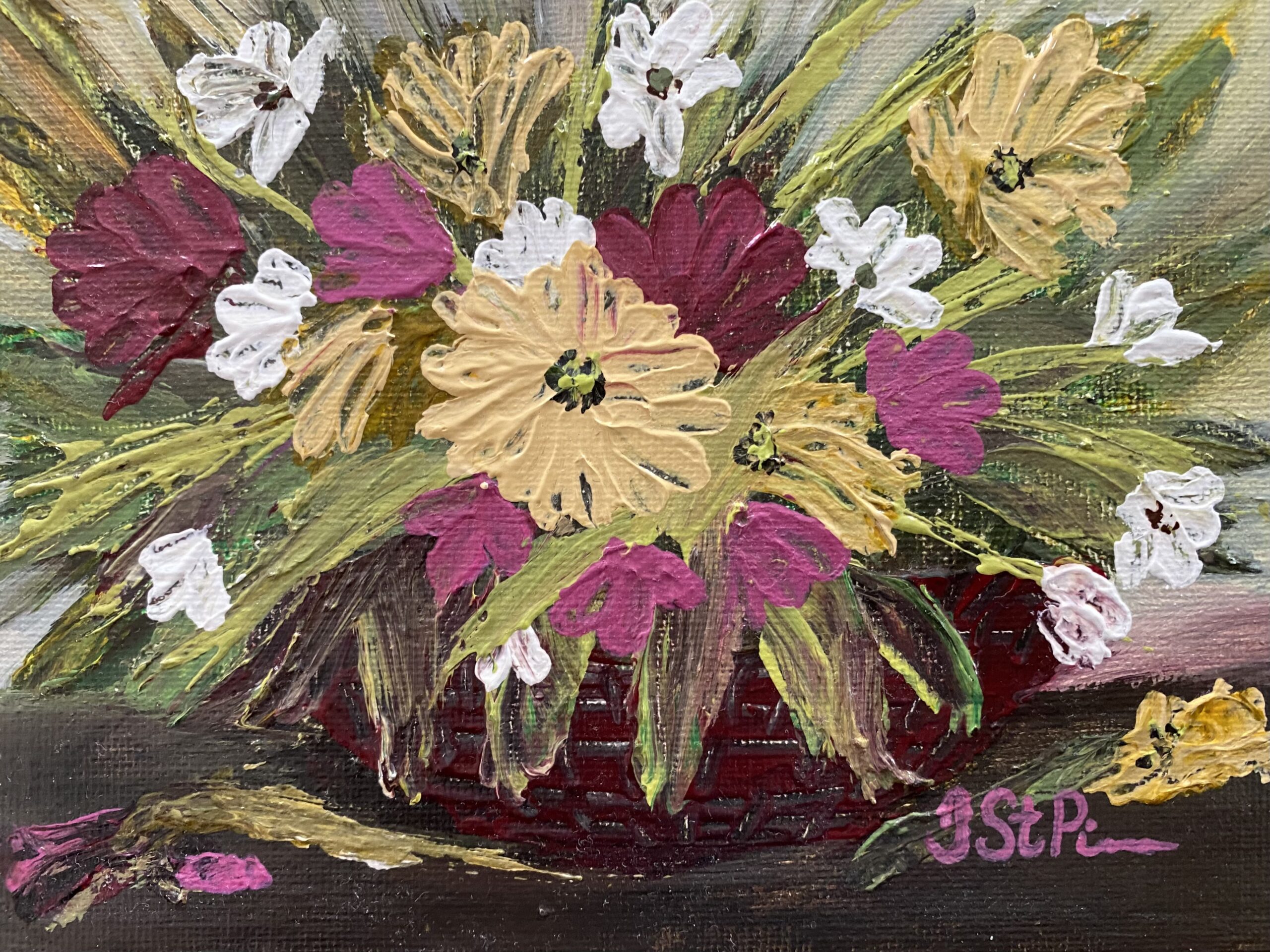 A palette knife painting of pink and yellow flowers in a basket