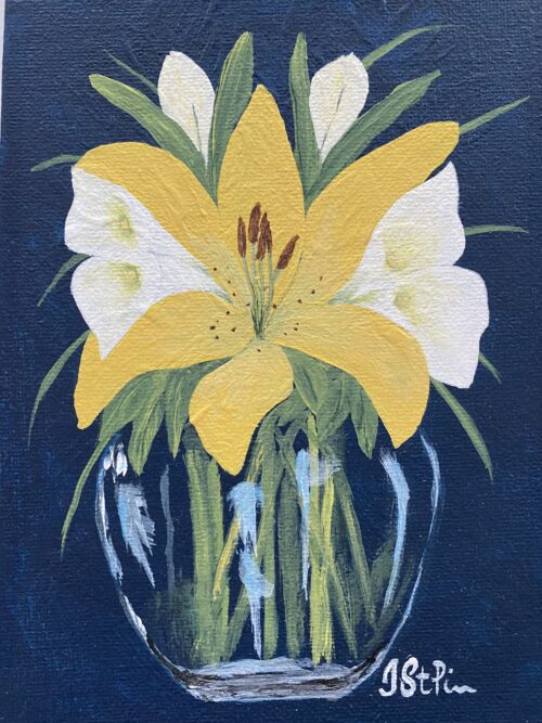 Painting of a Yellow Lily and White Calla Lilies in a glass vase