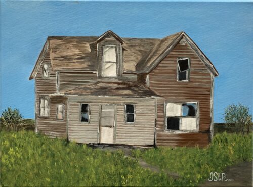 A painting of an old deserted farmhouse