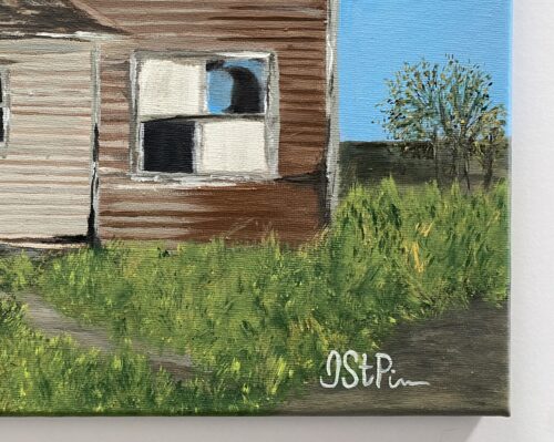 A painting of an old deserted farmhouse