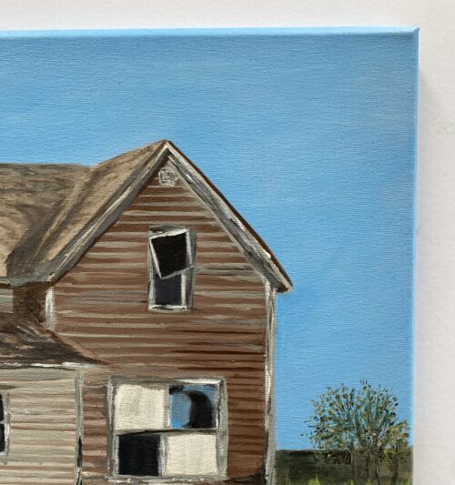 A painting of an old deserted farmhouse