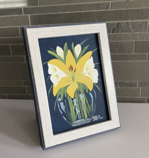 Painting of a Yellow Lily and White Calla Lilies in a glass vase