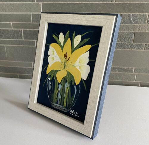 Painting of a Yellow Lily and White Calla Lilies in a glass vase