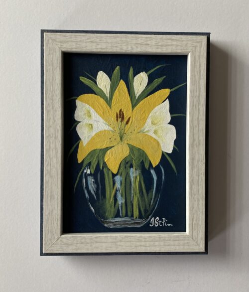 Painting of a Yellow Lily and White Calla Lilies in a glass vase