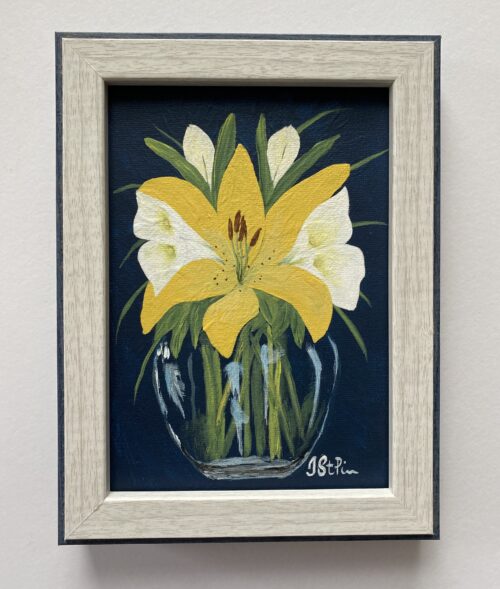 Painting of a Yellow Lily and White Calla Lilies in a glass vase