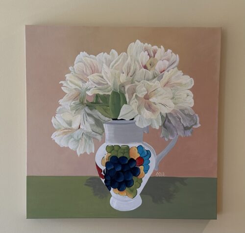 A painting of light coloured tulips in a unique white ceramic vase