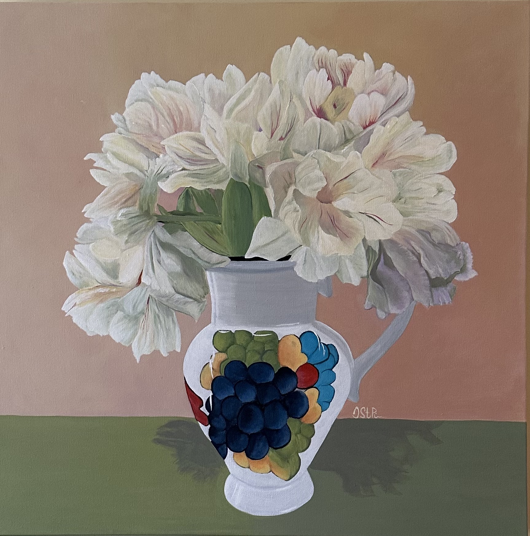 A painting of light coloured tulips in a unique white ceramic vase