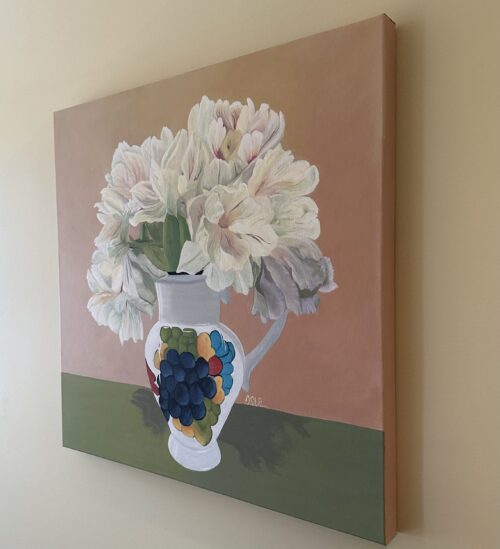 A painting of light coloured tulips in a unique white ceramic vase