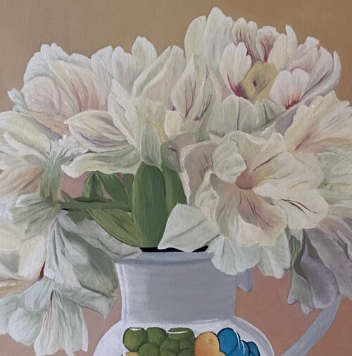 A painting of light coloured tulips in a unique white ceramic vase