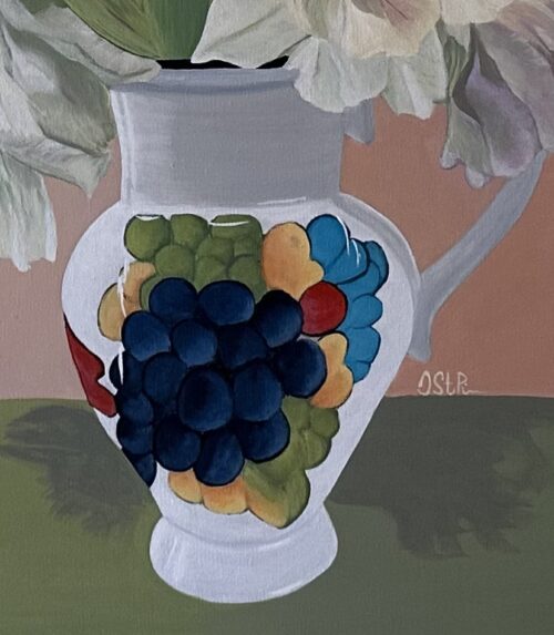 A painting of light coloured tulips in a unique white ceramic vase