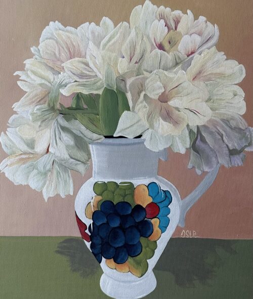 A painting of light coloured tulips in a unique white ceramic vase