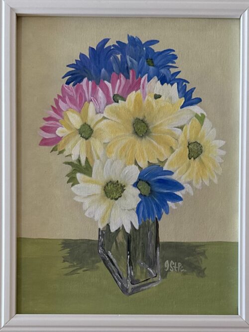 A painting of brightly coloured daisies in a clear rectangular vase