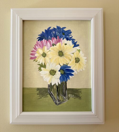 A painting of brightly coloured daisies in a clear rectangular vase