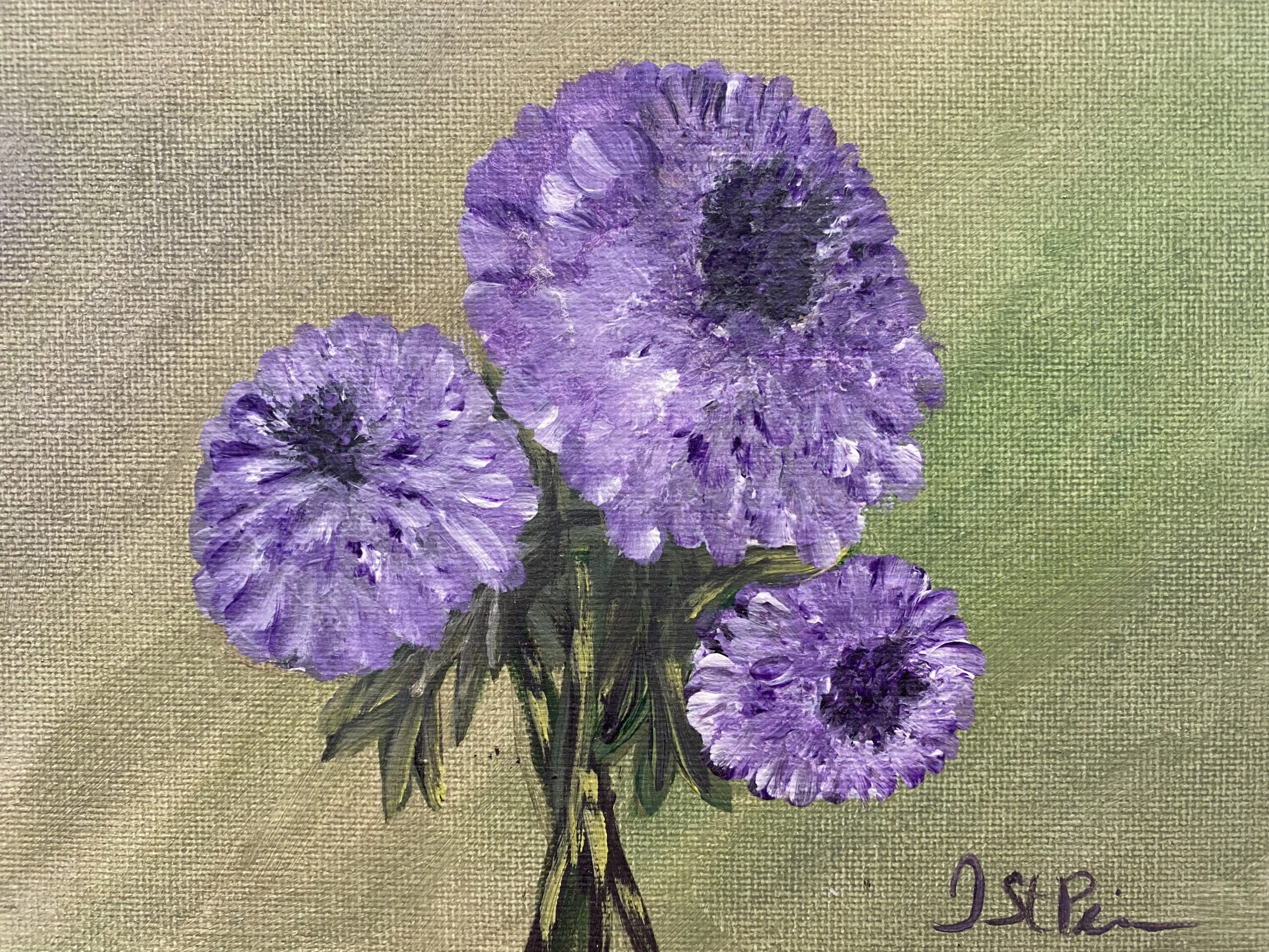 A painting of purple Chrysanthemums on a green background and in a white frame