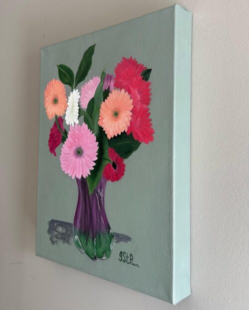 Painting of Pink and Peach Gerbera Daisies in glass vase on green background