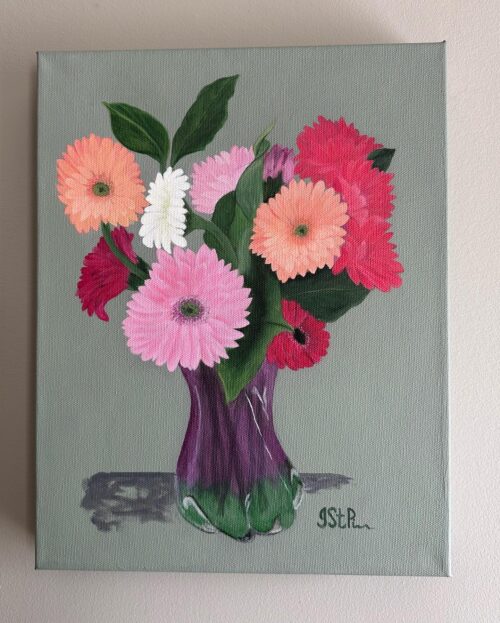 Painting of Pink and Peach Gerbera Daisies in glass vase on green background