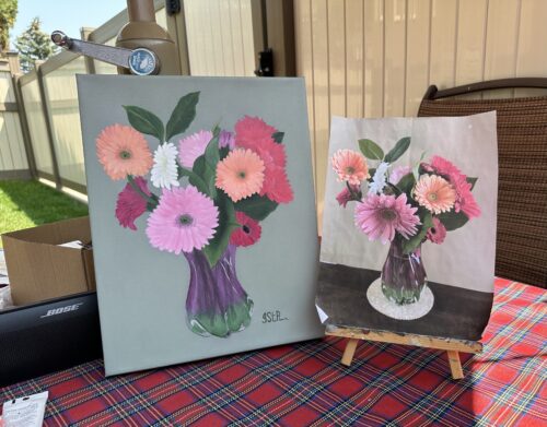 Painting of Pink and Peach Gerbera Daisies in glass vase on green background