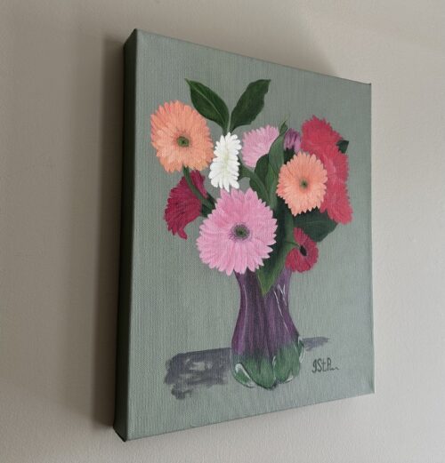 Painting of Pink and Peach Gerbera Daisies in glass vase on green background