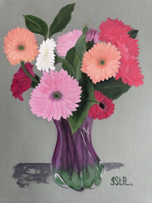 Painting of Pink and Peach Gerbera Daisies in glass vase on green background