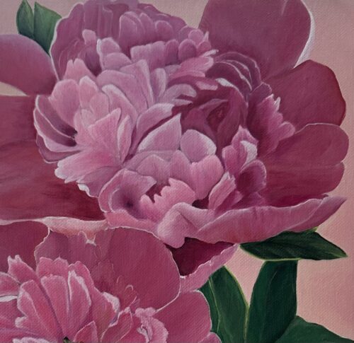 A painting of pink peony blooms on a pale pink background