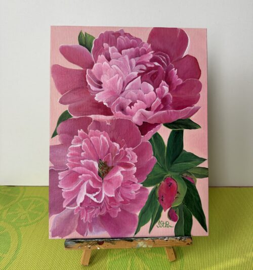 A painting of pink peony blooms on a pale pink background