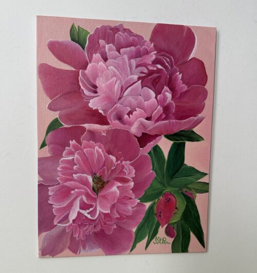 A painting of pink peony blooms on a pale pink background