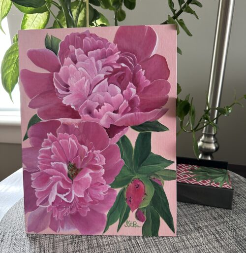 A painting of pink peony blooms on a pale pink background