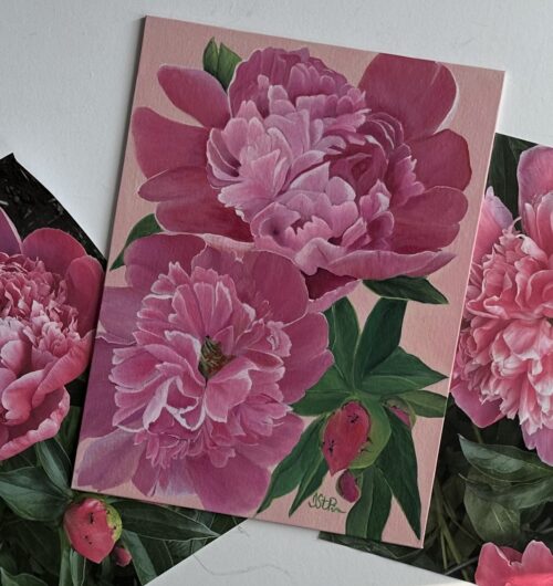 A painting of pink peony blooms on a pale pink background