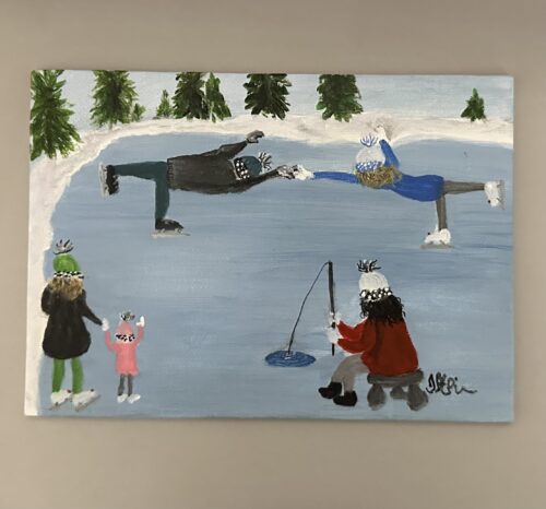 A small fun painting of a pond with a family ice skating and a young girl Ice Fishing among them.