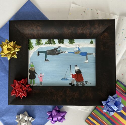 A small fun painting of a pond with a family ice skating and a young girl Ice Fishing among them.