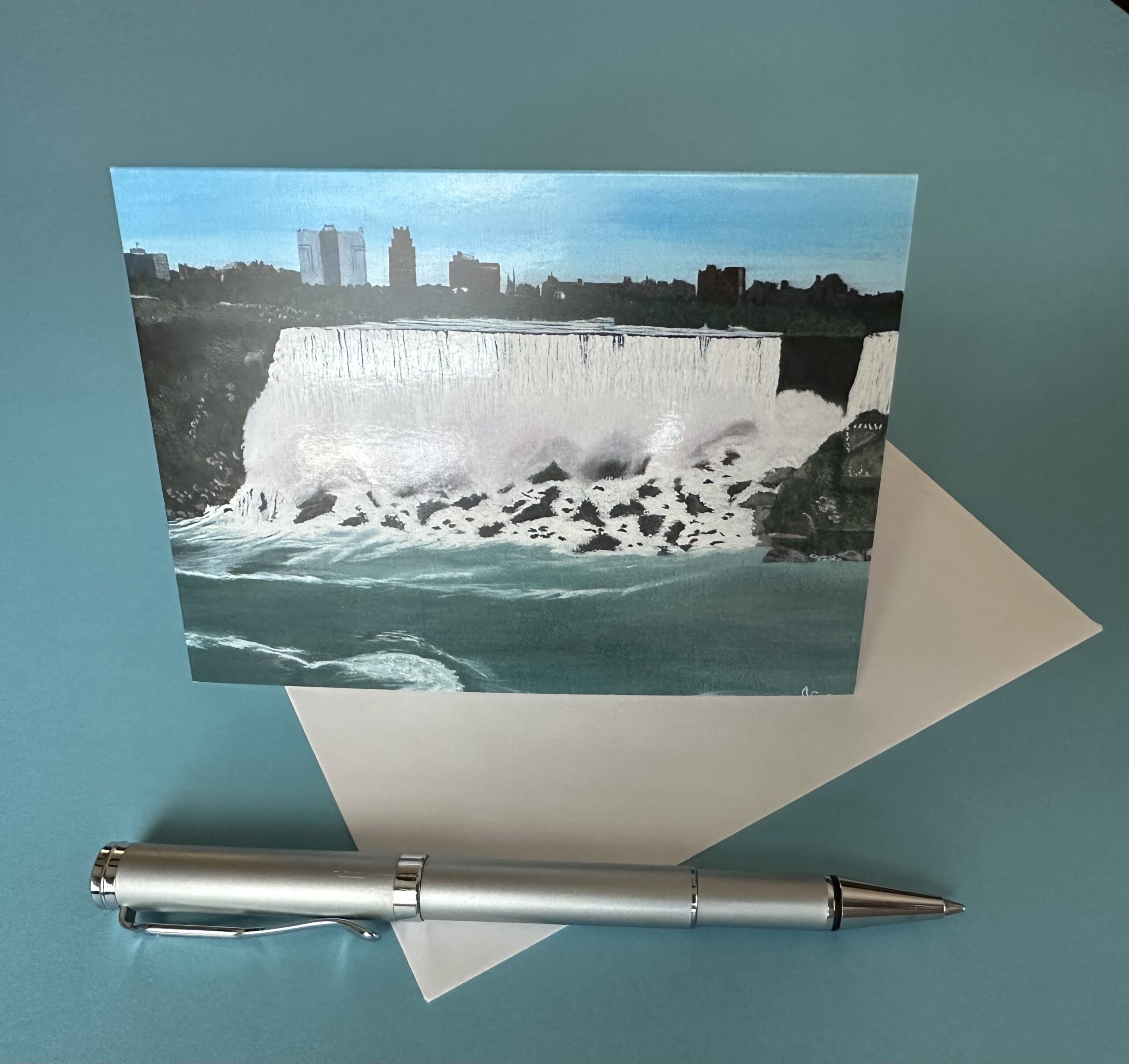 Printed notecard showing Niagra Falls acrylic painting