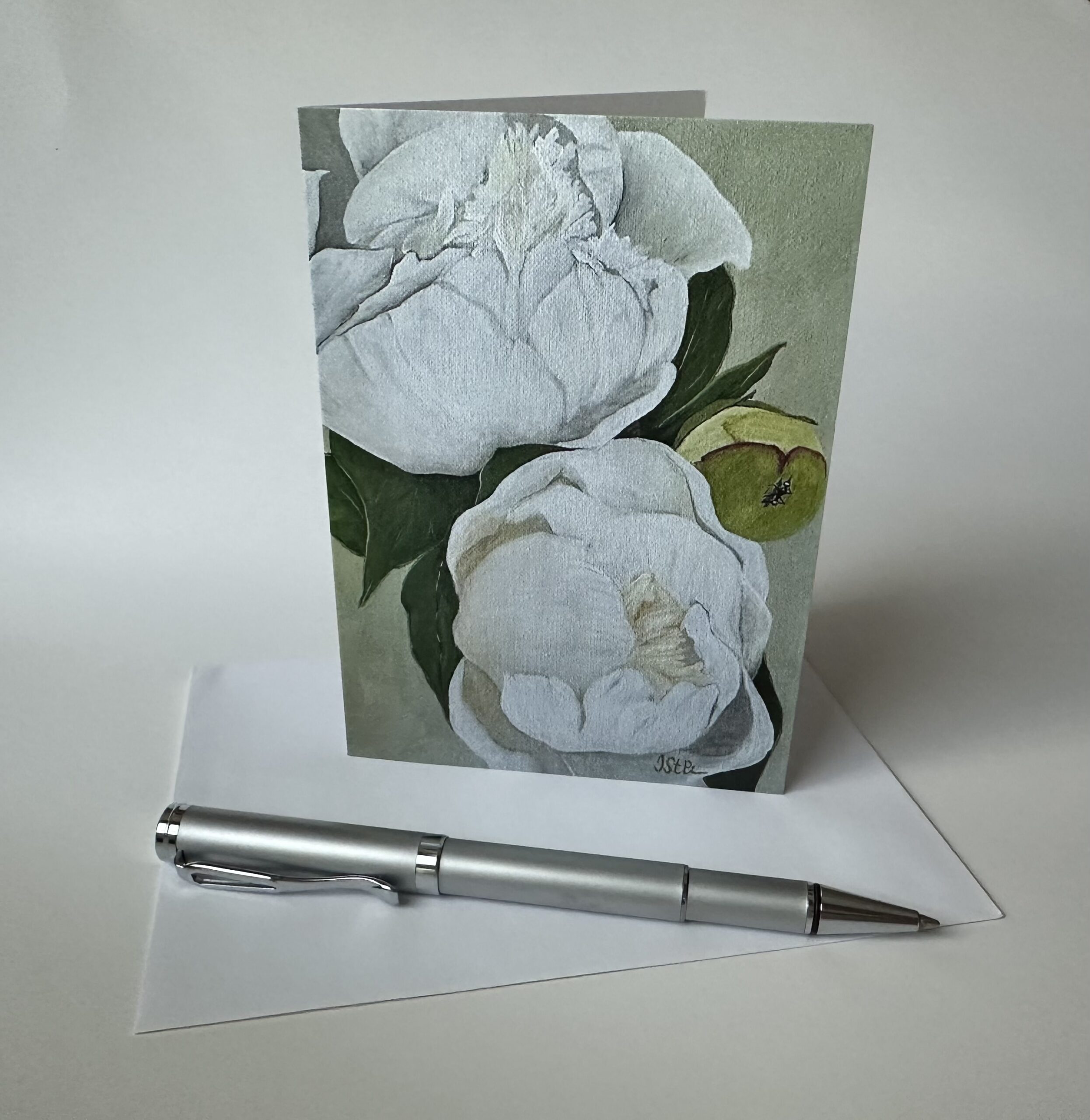 Notecard printed with white acrylic peony painting