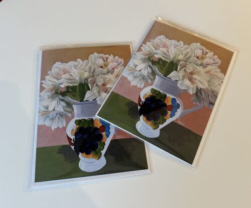 Notecard showing Art Print of white tulip blooms in hand painted water pitcher