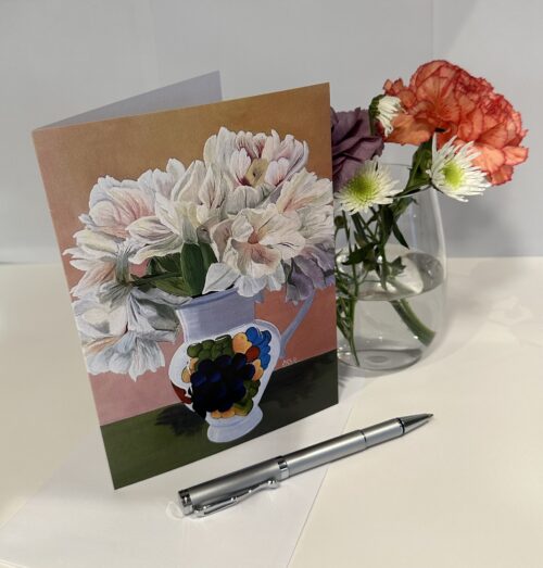 Notecard showing Art Print of white tulip blooms in hand painted water pitcher